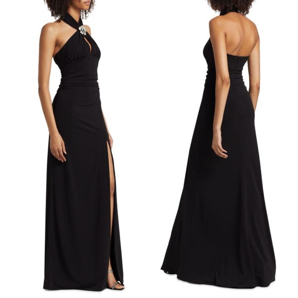 Cinq à Sept Raashi Crystal Embellished Black Gown Dress Halter Slit Size 2 NWT